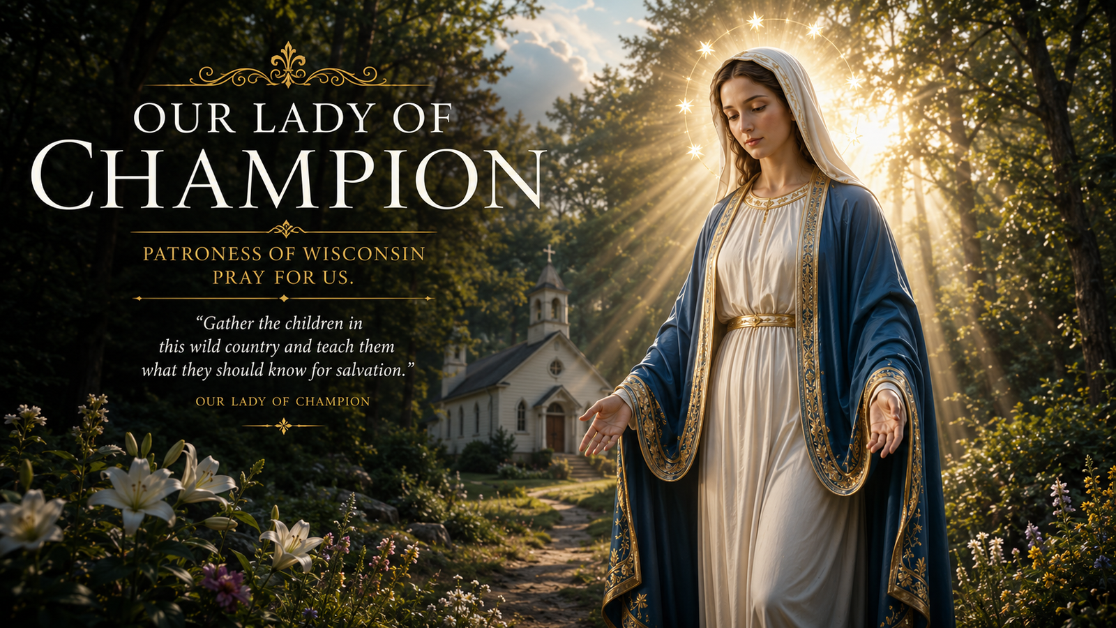 Our Lady of Champion standing in radiant light before a small chapel in Wisconsin, inviting believers to deeper faith, prayer, healing, and trust in Jesus Christ.