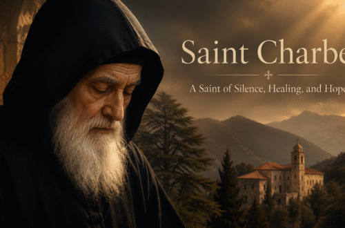 Saint Charbel Makhlouf in a black monastic hood with a Lebanese monastery and mountains behind him