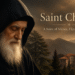 Saint Charbel Makhlouf in a black monastic hood with a Lebanese monastery and mountains behind him