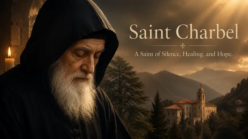 Saint Charbel Makhlouf in a black monastic hood with a Lebanese monastery and mountains behind him