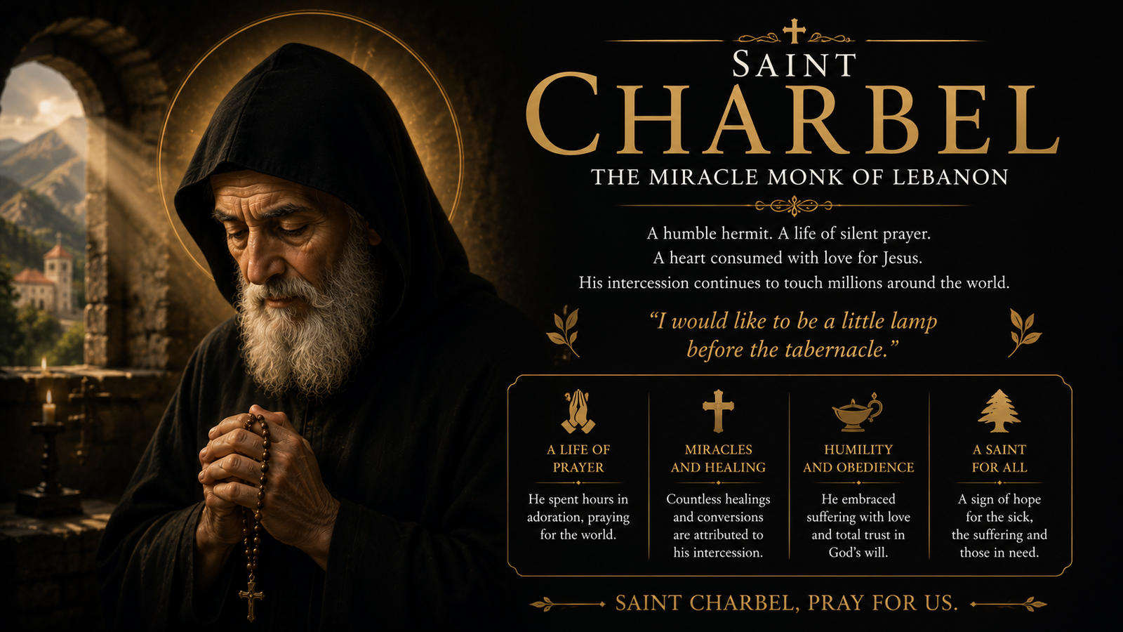 Saint Charbel Makhlouf praying with rosary, Lebanese Maronite monk known for healing miracles and powerful intercession.
