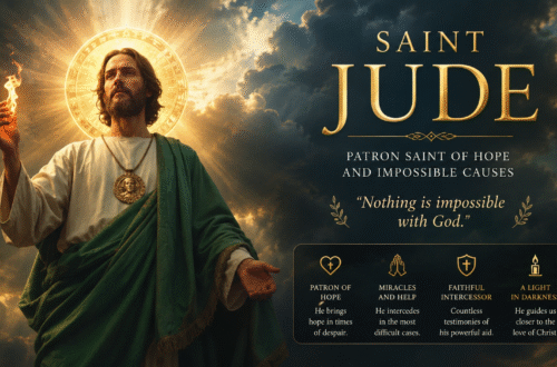 Saint Jude holding the flame of faith beneath dramatic skies, patron saint of hope and impossible causes.