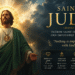 Saint Jude holding the flame of faith beneath dramatic skies, patron saint of hope and impossible causes.