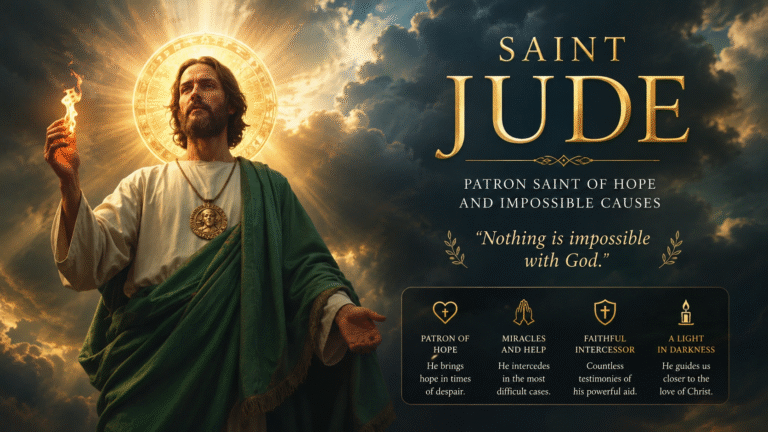 Saint Jude holding the flame of faith beneath dramatic skies, patron saint of hope and impossible causes.