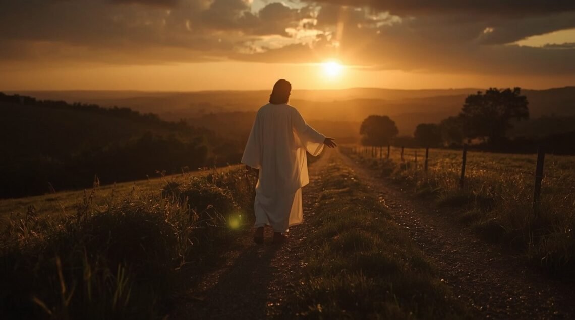 Jesus welcoming someone beginning a new chapter in life after loss with hope and faith.