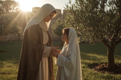 Saint Anne praying with the young Virgin Mary, symbolizing faith, motherhood, and hope.
