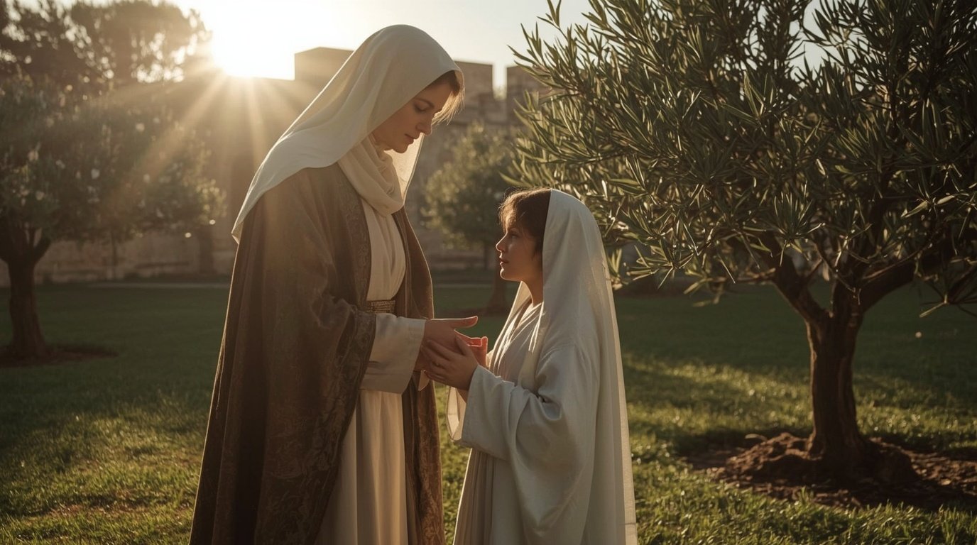 Saint Anne praying with the young Virgin Mary, symbolizing faith, motherhood, and hope.