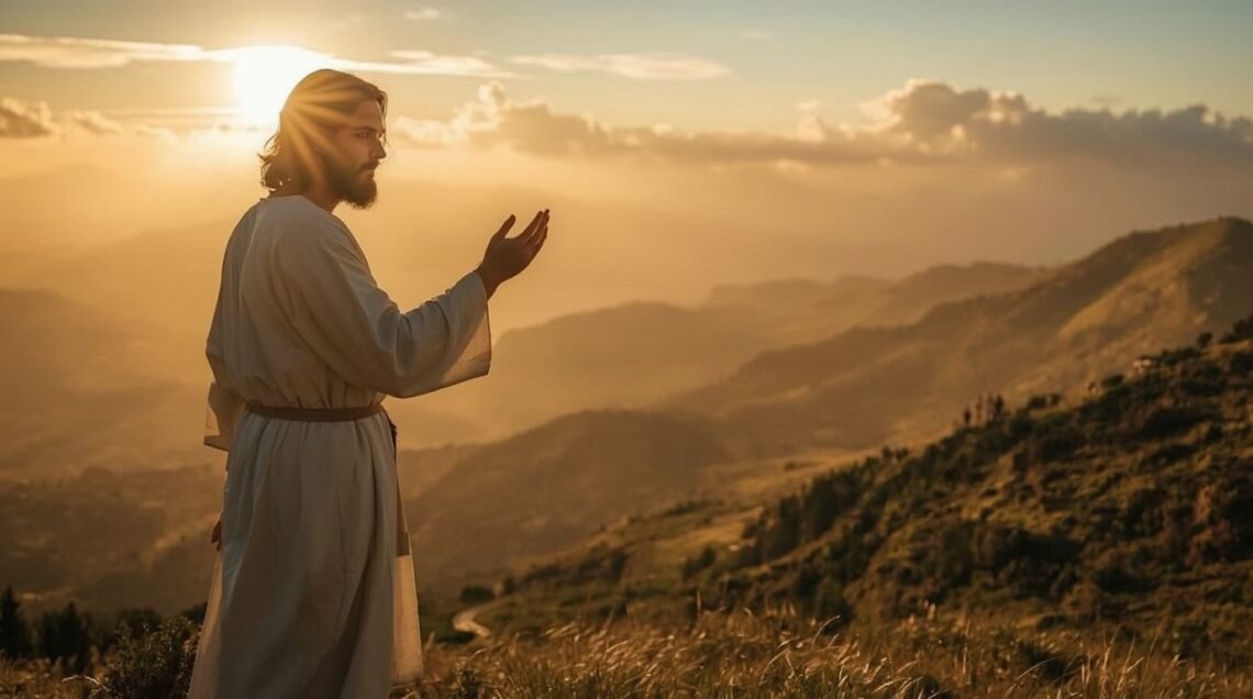 Jesus watching over travelers as the sun rises, symbolizing God's protection in Psalm 121.