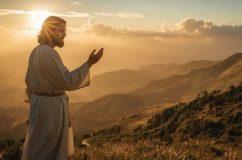 Jesus watching over travelers as the sun rises, symbolizing God's protection in Psalm 121.