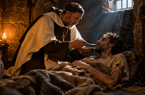 Saint John of the Cross caring for a prisoner in a dark stone cell, illustrating his years of suffering and faith