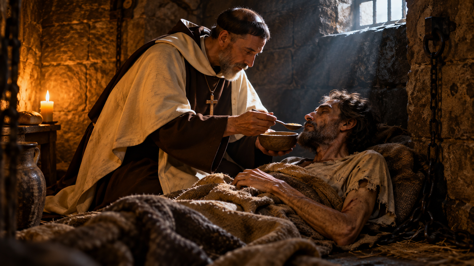 Saint John of the Cross caring for a prisoner in a dark stone cell, illustrating his years of suffering and faith