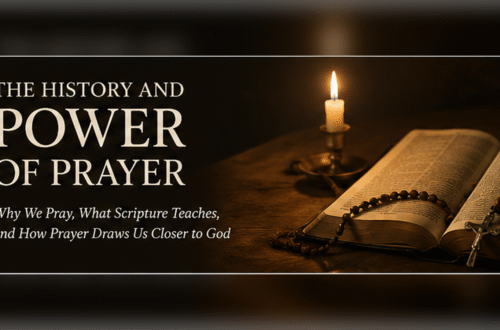 Open Bible, rosary, and candle for The History and Power of Prayer free Catholic guide