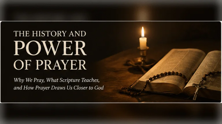 Open Bible, rosary, and candle for The History and Power of Prayer free Catholic guide