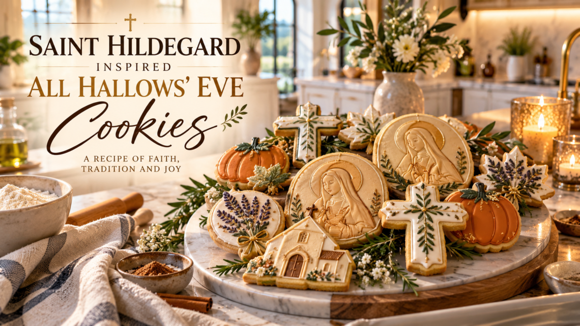 Saint-inspired cookies with ivory crosses, pumpkins, and botanical designs in an elegant California kitchen.