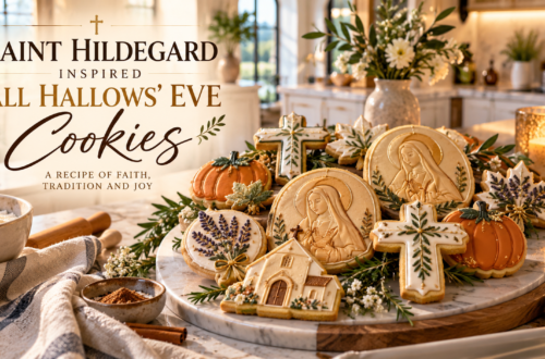 Saint-inspired cookies with ivory crosses, pumpkins, and botanical designs in an elegant California kitchen.